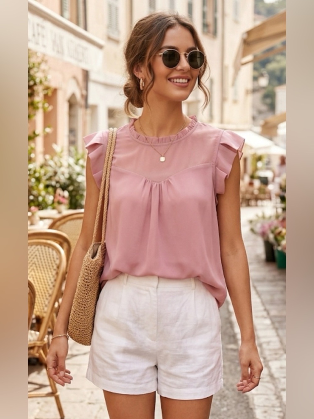 Monteau Los Angeles Mauve Ruffle Neck Flutter Sleeve Blouse - Size M